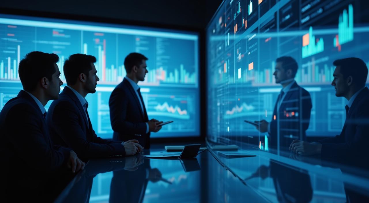 Data analysts looking at professional digital ROI dashboards